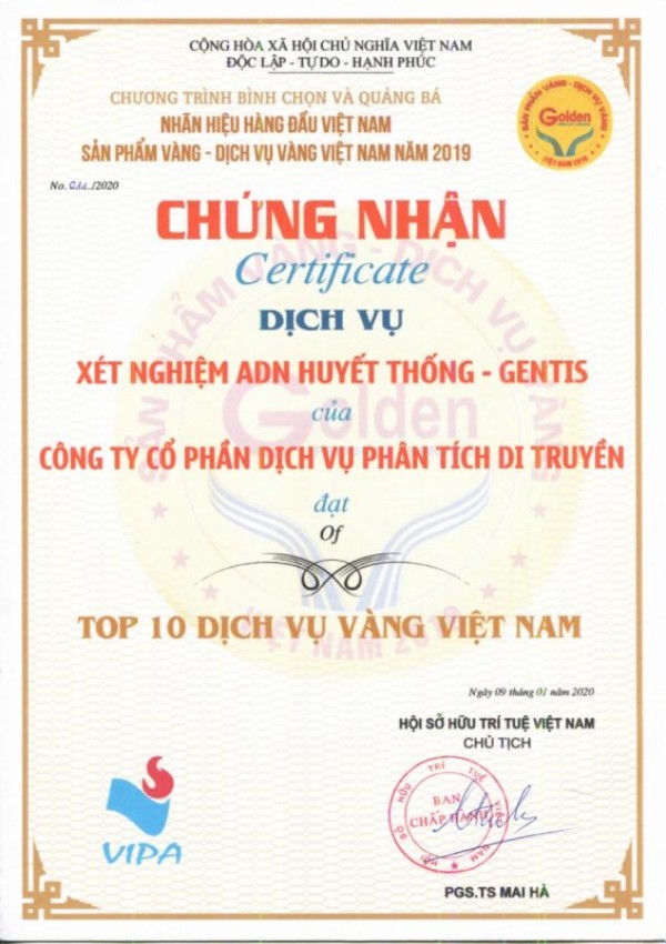 Giấy chứng nhận dịch vụ xét nghiệm ADN của GENTIS