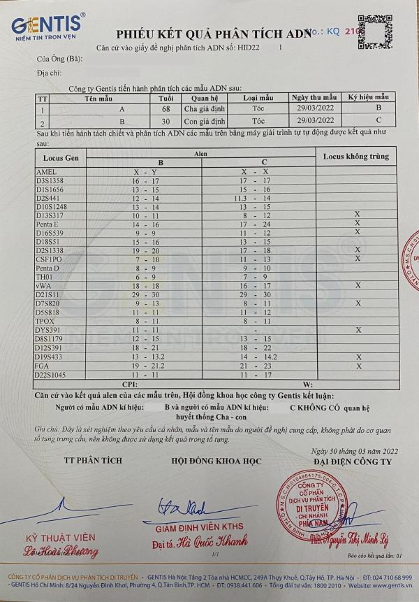 Mẫu phiếu kết quả xét nghiệm ADN