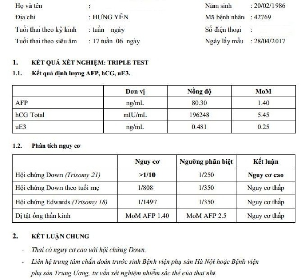 Phiếu kết quả xét nghiệm Triple test