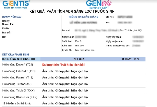 Mẫu giấy xét nghiệm NIPT có kết quả có nguy cơ cao