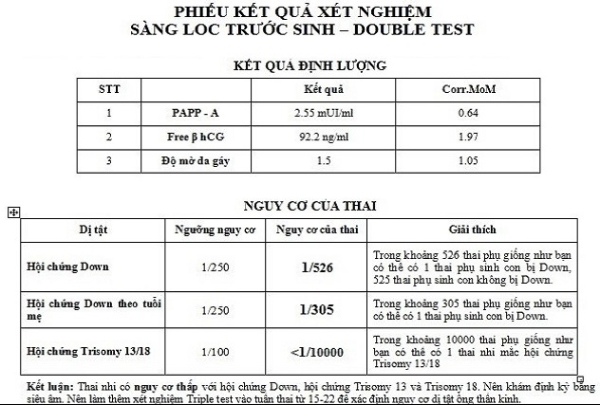Mẫu phiếu kết quả xét nghiệm Double test
